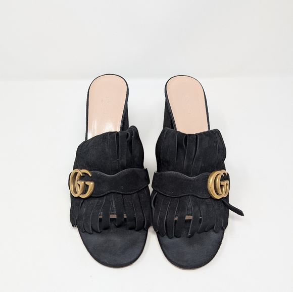 Gucci Size 40 Marmont Suede Fringe Mules Kiltie Heels Sandals Double G - Picture 5 of 15